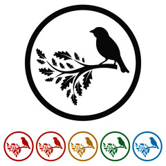 Fototapeta na wymiar Bird on a branch silhouette ring icon, color set