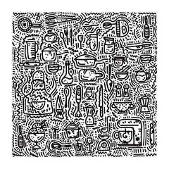 Obraz premium Vector kitchen Doodle background. Cafe template design: Delicious food, kitchen utensils, pots, pans, spoons, knives, buckets, combines, mixer, kitchen wall art. Restaurant wall Doodle. Vector art of