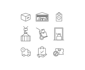 Delivery, fulfilment icon set. Trolly, warehouse, on-time, accepted, boxes, minimal vector illustrations. Minimal outline stroke icon set for websites.