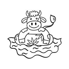 Coloring page with a bull on a summer vacation