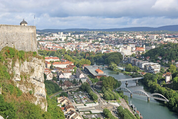 Fototapeta na wymiar Bridges over River Doubs, Besancon, from the citadel 