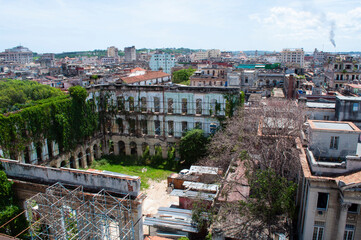 Panoramic view of an old and abandoned city with dead trees