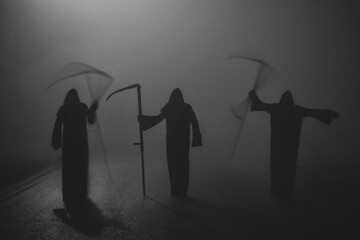 Death grim Reaper skeleton wearing a black robe and wielding a scythe, Memento Mori, Coronavirus,...