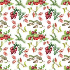 Lingonberry berries. Hand-drawn watercolor pattern. Bright beautiful print, textile, background. forest. Cotton, snowberry, spruce, pine, branches and cones. Seamless pattern Sketch, retro, vintage. F
