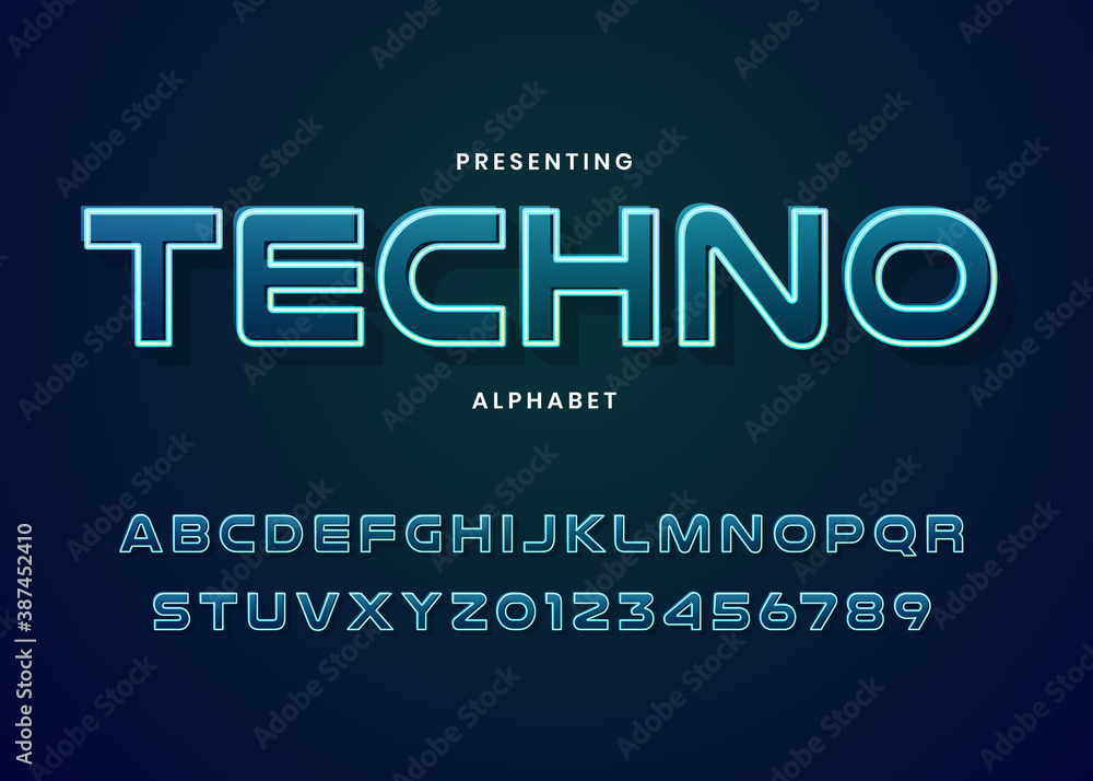 Poster techno futuristic font type custom alphabet. typography technology electronic digital game music fut