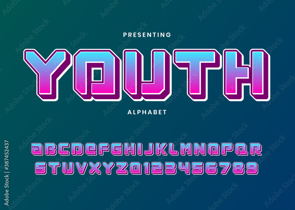 Poster youth style vibrant gradient font effect. custom alphabet typeface.
