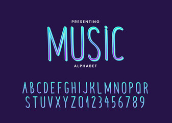 Music style gradient alphabet font template. Thin hand drawn fontface with vibrant gradient. Typography technology electronic music future creative font.