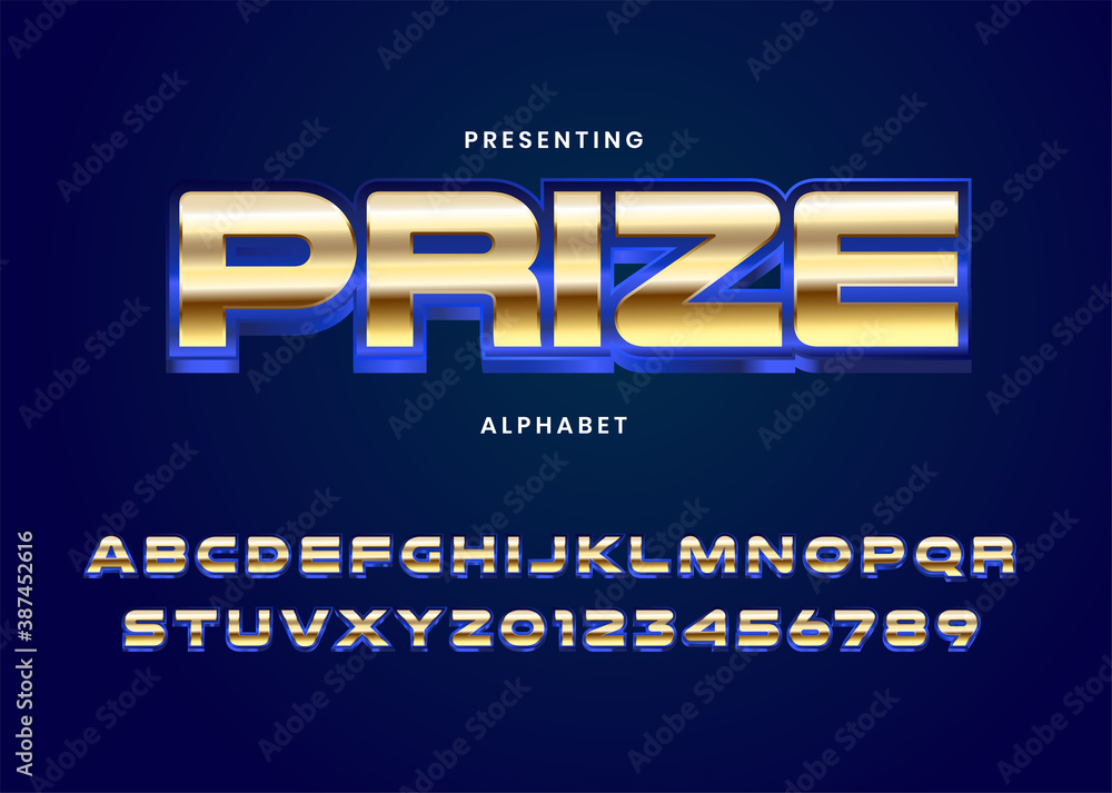 Poster prize alphabet template. golden metallic style custom font. 3d extrude font type