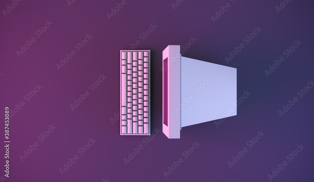 Aufkleber 3d rendering, top view shot of vintage computer with keyboard realistic mock up set on pink and purp