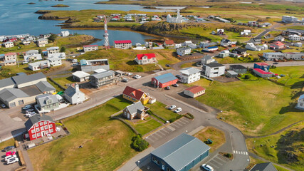 Stykkisholmur aerial city view from drone on a beautiful summer day, Iceland