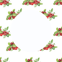Lingonberry berries. Hand-drawn watercolor pattern. Bright beautiful print, textile, background. forest. Cotton, snowberry, spruce, pine, branches and cones. Seamless pattern Sketch, retro, vintage. F