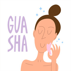 Gua sha facial massage by rose quartz stone. Woman making guasha acupuncture treatment. Self care at home anti-age routine. Chinese therapy crystal in hand. Hand drawn flat illustration about beauty.