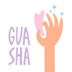 Gua sha rose quartz stone for facial massage. Guasha acupuncture treatment concept. Self care at home anti-age routine. Chinese therapy crystal in hand. Hand drawn flat illustration about beauty.