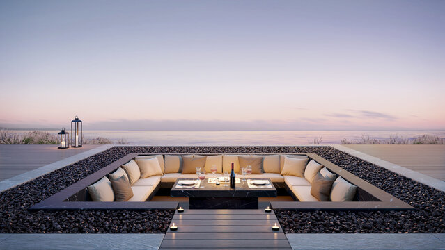 Luxury sofa with sea view.Sun set scene at luxury hotel lounge on outdoor balcony for party.3d rendering