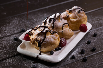 Delicious cake with cottage cheese, poured over with chocolate, and fresh raspberries, sprinkled with powdered sugar and blueberries