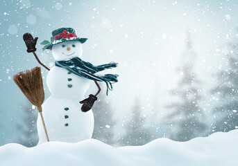 Merry christmas and happy new year greeting card with copy-space.Happy snowman standing in...