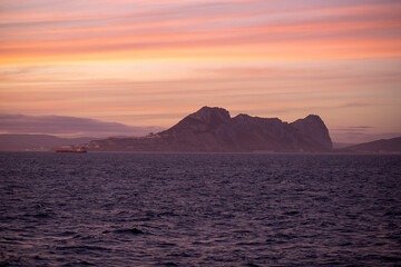 Naklejka na ściany i meble View from the ship to Gibraltar, sunset in Gibraltar.