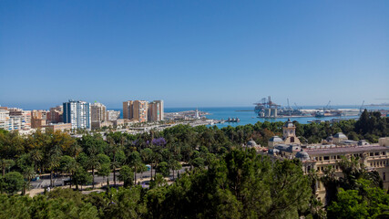 Fototapeta na wymiar View from a multi-storey building to the sea and the city of Malaga, Spain.