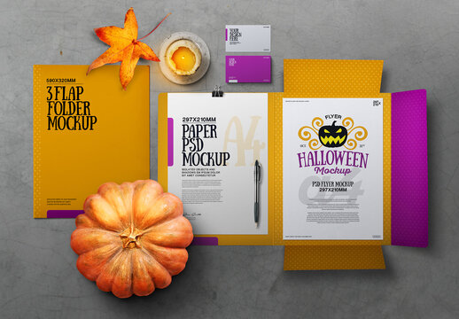 Halloween Autumn Stationery & 3 Flap Folder Mockup