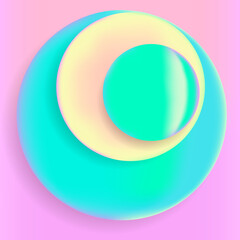 Holographic background with circles. Pearl circles. Rainbow circles on a pink background. Pastel neon rainbow. Background for postcards. Cover for web design. Abstract colorful gradient.