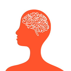 Female human silhouette with line brain on white background.Thinking or mind bright sign
