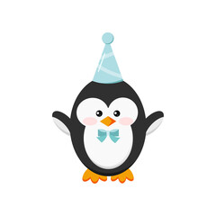 Cute penguin boy in happy birthday party cap isolated on white background. Flat design cartoon style animal bird caracter vector illustration.