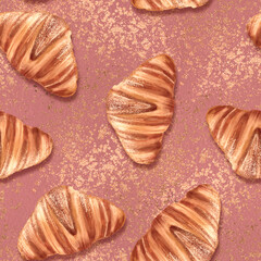 Croissants seamless pattern, continental breakfast pink background