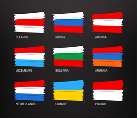 Different country flags vector set isolated on black background. Brush style