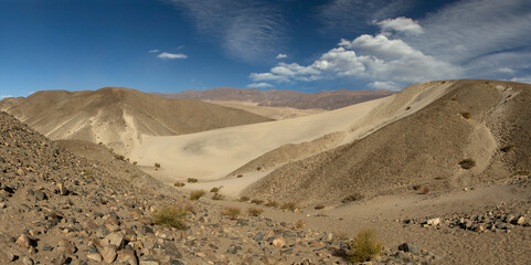 Desert landscape. Panorama view of the magical sand dunes in Saujil, Catamarca, Argentina. 
