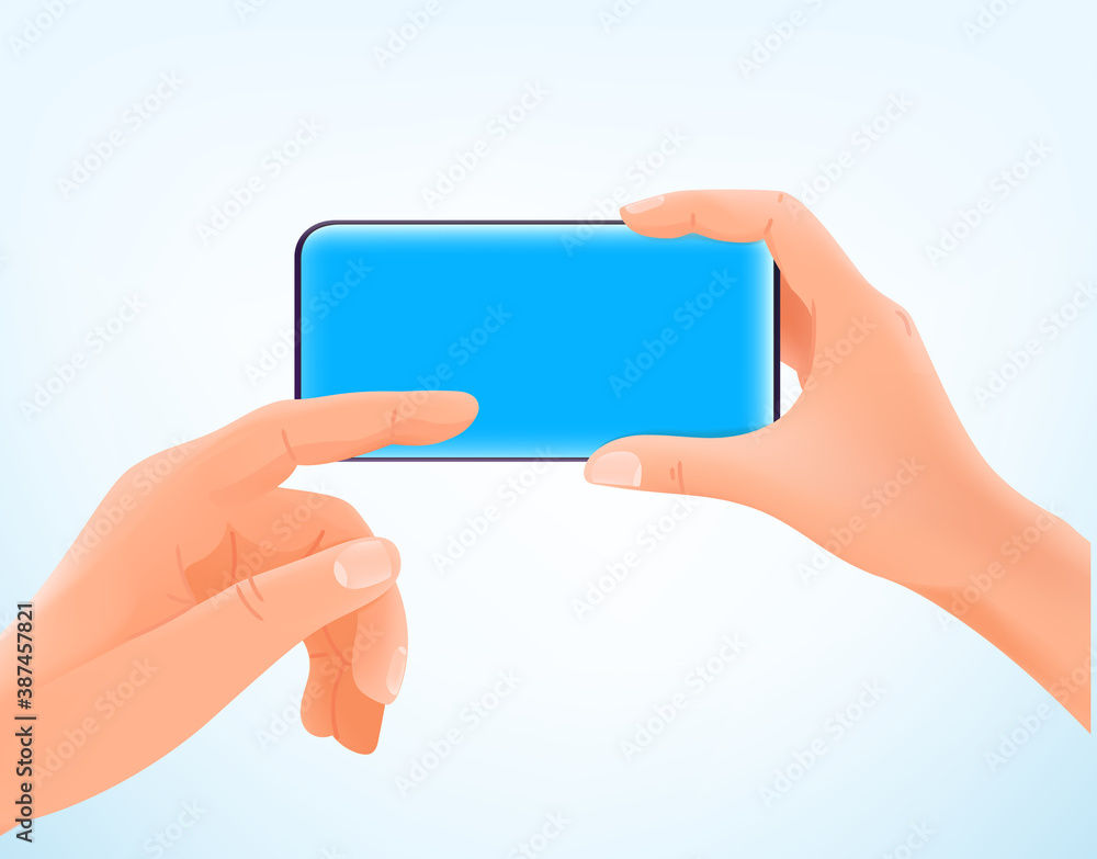 Poster man holding modern smartphone and tapping on the screen