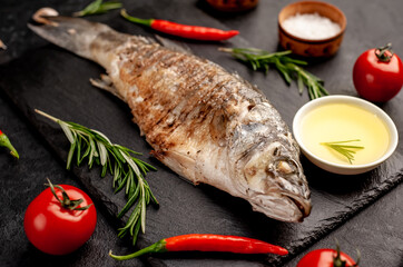 grilled sea bass fish with spices on a stone background