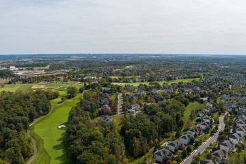 Fototapeta na wymiar Aerial view of the Belmont County Club neighborhood in Ashburn, Loudoun County, Virginia.