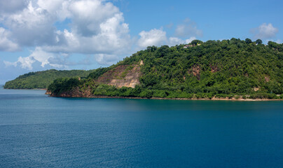 Fototapeta na wymiar Panoramic view of Saint Lucia in the Caribbean, beautiful view of the mountains, blue water and blue sky.