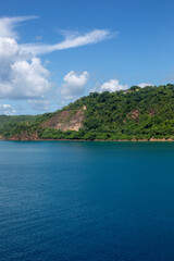 Naklejka premium Panoramic view of Saint Lucia in the Caribbean, beautiful view of the mountains, blue water and blue sky.