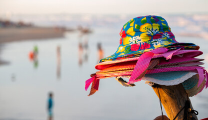 Starry handmade panama hats against the backdrop of the Gulf of Mexico, in the city of Mexico.