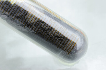 Black iron oxide powder in a measuring test tube, used as a black pigment for paints and as food...