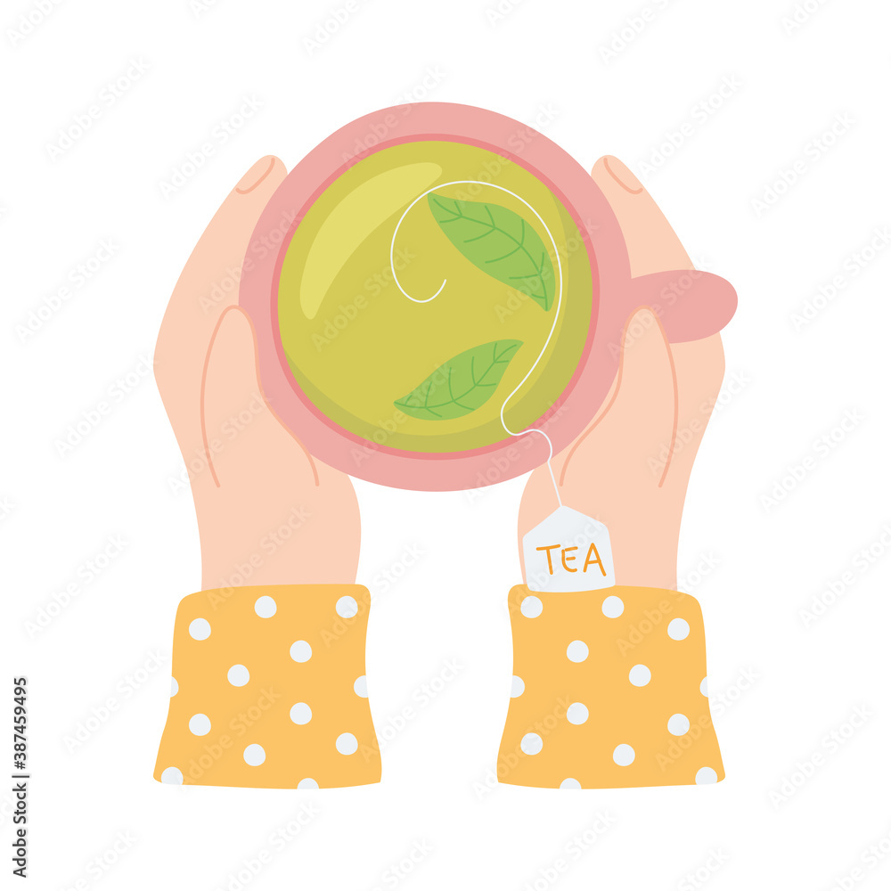 Sticker tea, top view hands with teacup and herbal leaf beverage