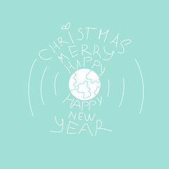 New year and Christmas text design white letters on a blue background around the globe in the snow