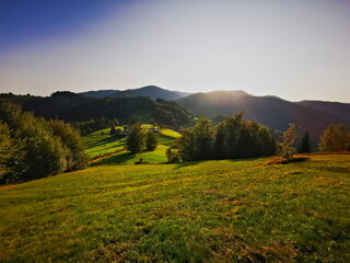 Obraz premium Mountain valley at sunrise. Beskidy Poland
