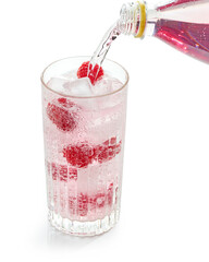 pink soft drink pouring into glass