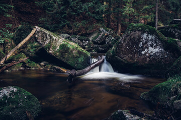 Waterfall on the river Jedlova in the middle of the Czech wilderness in the Jizera Mountains on the border with Poland. One of the last places without human intervention. Dark atmosphere