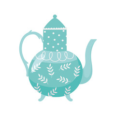 tea, teapot with print leaves and dots decoration