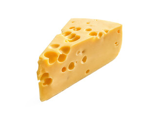 Piece of Dutch Maasdam cheese, with large holes on a white background