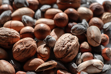 assorted nuts. Different types of macadamia nuts, walnuts and hazelnuts lie in an even layer....