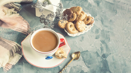Hot chocolate and cinnamon cookies. Symbolic image. Christmas cookies. Close up