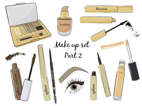 Set of makeup cosmetics products in handdrawn style. Vector illustration.