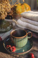 healthy hot drink to keep you warm on cold autumn days. Hot cocoa chocolate in a beautiful Cup with a blanket and autumn leaves. Cozy autumn still life. top view