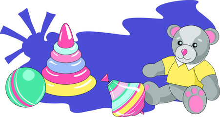 Illustration with children's toys: teddy bear, ball, whirligig and pyramid. Isolated vector objects for illustration of a children's room, a zone of games for children, painting, etc.