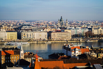 Danube river and the downtown with the basilica St. Stephen, Budapest, Hungary.