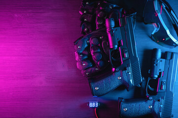 Cyberpunk concept background top view with copy space.